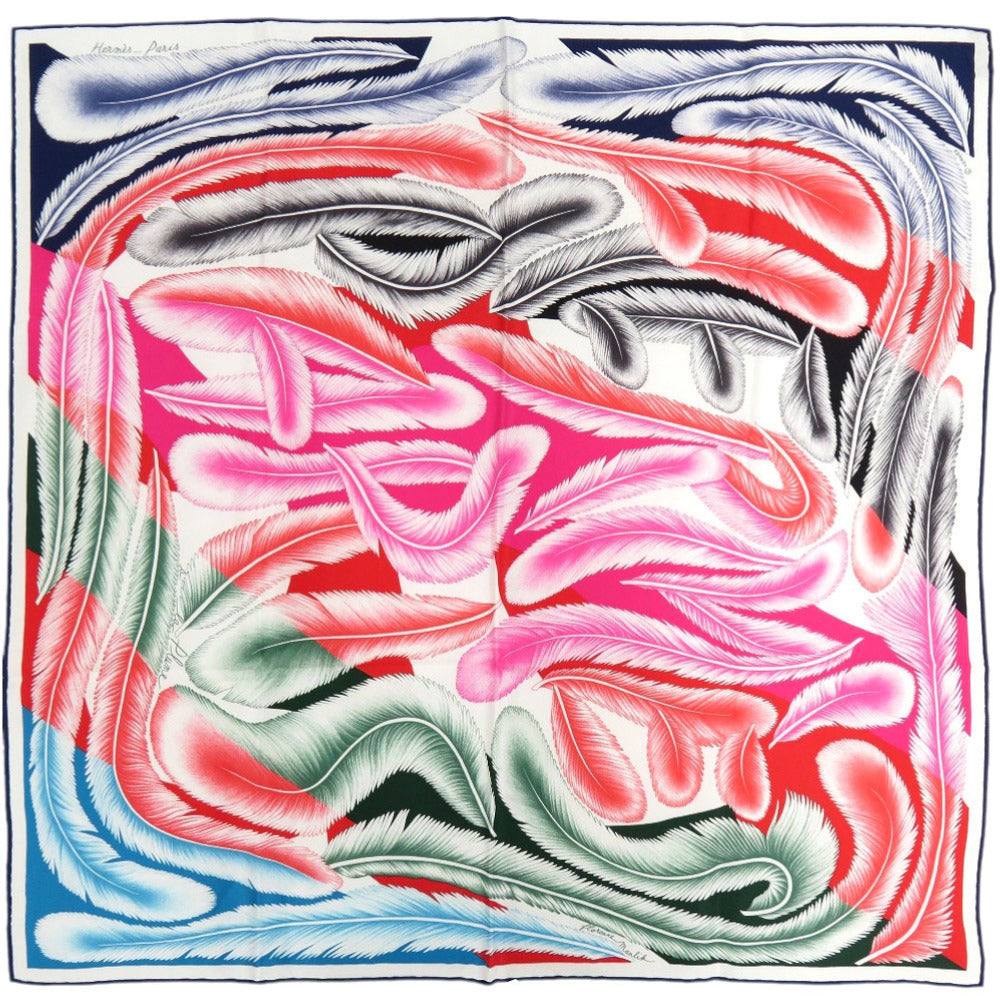 美品 エルメス カレ65 A la Plume 羽根 シルク マルチカラー スカーフ 0072【中古】HERMES