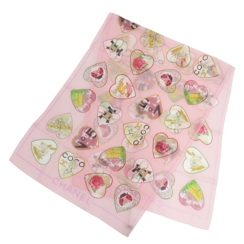 美品 シャネル ハート シルク ピンク スカーフ 0126【中古】CHANEL