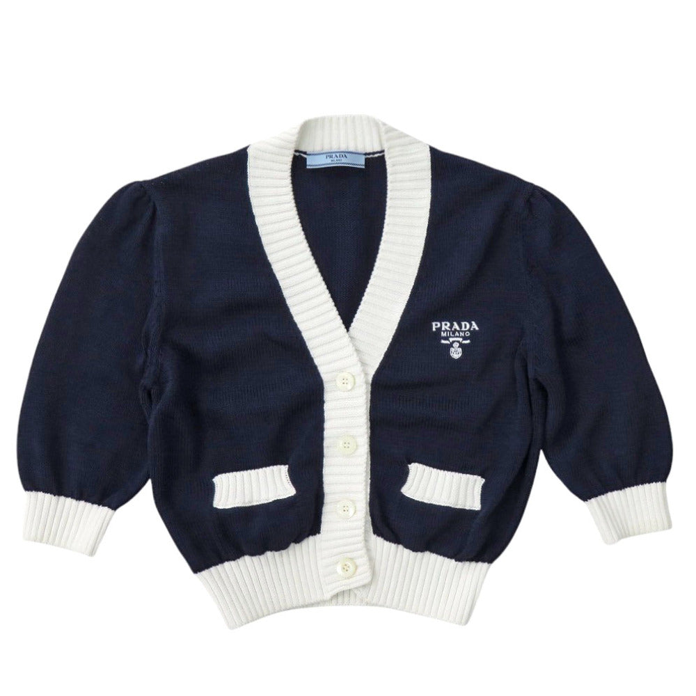 新品同様 プラダ クロップド コットン カーディガン P25I04 サイズ36 コットン ネイビー 半袖 ニット 0331【中古】PRADA