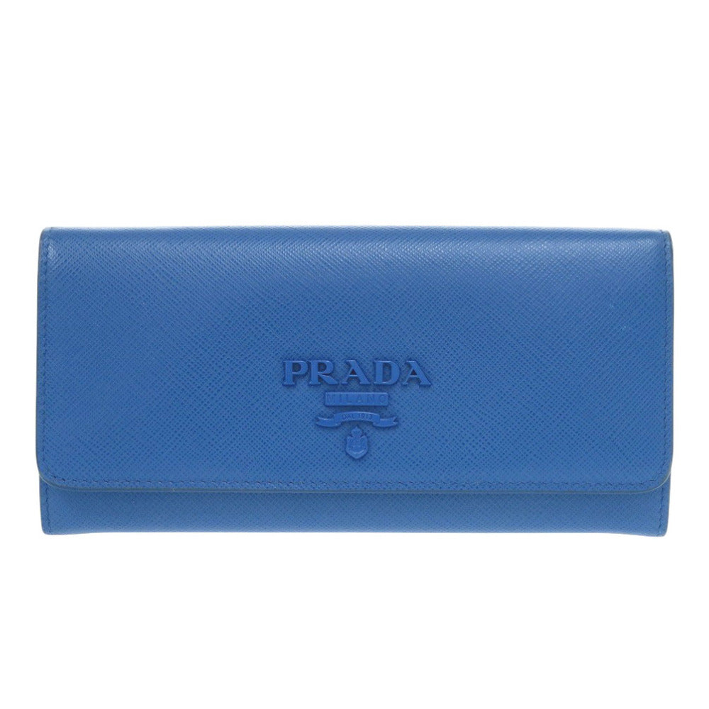 美品 プラダ 1MH132 サフィアーノシャイン レザー ブルー 長財布 青 0350【中古】PRADA