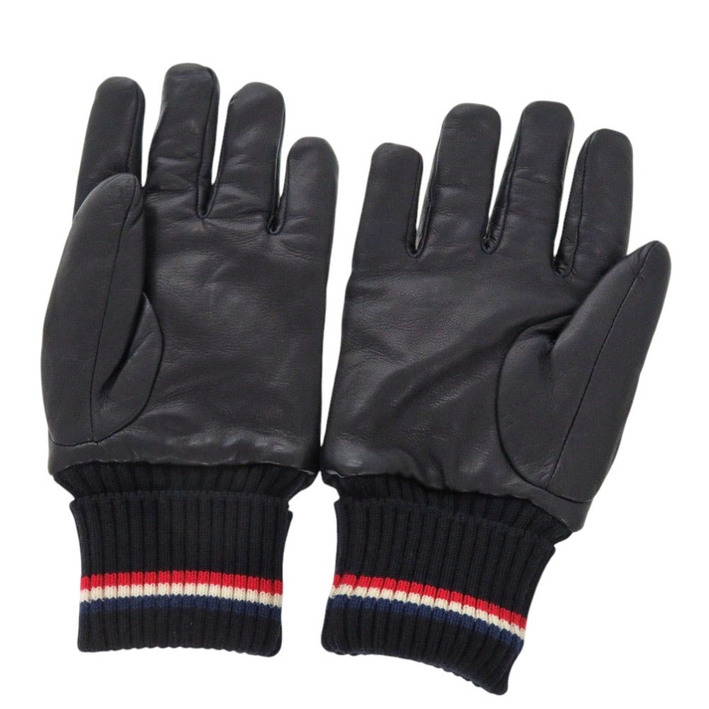 美品 モンクレール F20913A70000 ウール レザー ブラック Lサイズ ロゴワッペン 手袋 グローブ 黒 0381【中古】MONCLER メンズ