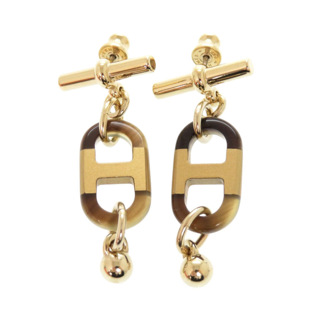 新品同様 エルメス シュル メール バッファローホーン メタル ゴールド ブラウン ピアス 0401【中古】HERMES