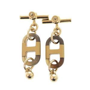 新品同様 エルメス シュル メール バッファローホーン メタル ゴールド ブラウン ピアス 0401【中古】HERMES