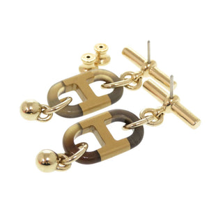 新品同様 エルメス シュル メール バッファローホーン メタル ゴールド ブラウン ピアス 0401【中古】HERMES