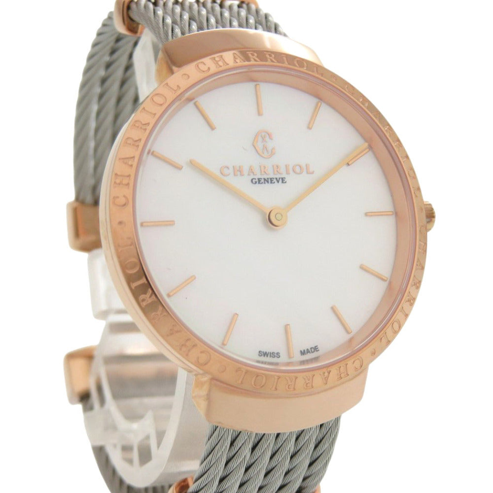 未使用 シャリオール サントロペ SS ホワイトシェル 白文字盤 ピンクゴールド クオーツ 腕時計 0595【中古】CHARRIOL