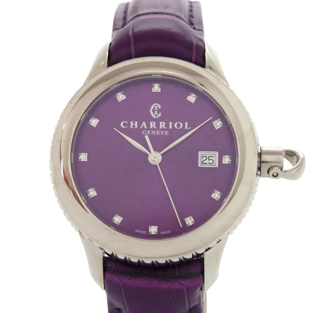 未使用 シャリオール コロンブス 12Pダイヤ CO36QS.369.003 SS 型押しレザー パープル 紫文字盤 クオーツ 腕時計 0596【中古】CHARRIOL