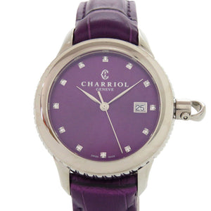 未使用 シャリオール コロンブス 12Pダイヤ CO36QS.369.003 SS 型押しレザー パープル 紫文字盤 クオーツ 腕時計 0596【中古】CHARRIOL