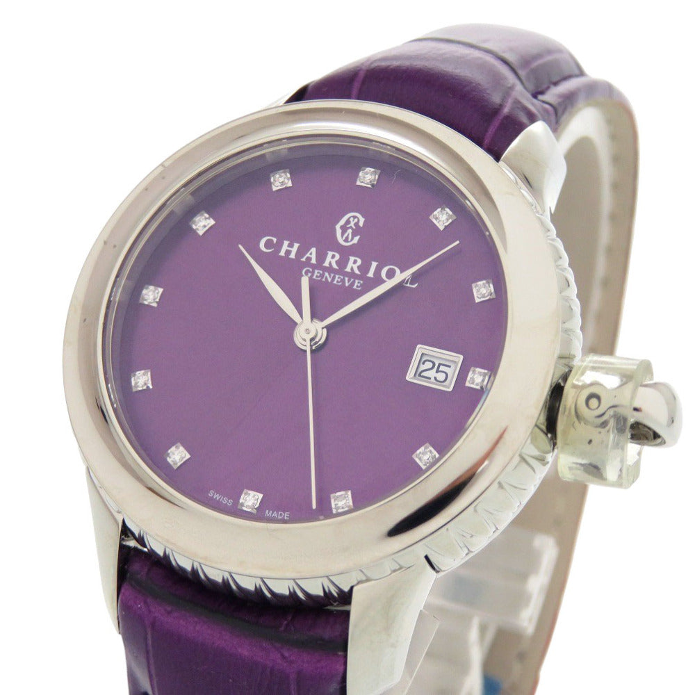 未使用 シャリオール コロンブス 12Pダイヤ CO36QS.369.003 SS 型押しレザー パープル 紫文字盤 クオーツ 腕時計 0596【中古】CHARRIOL