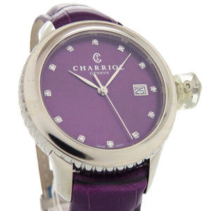 未使用 シャリオール コロンブス 12Pダイヤ CO36QS.369.003 SS 型押しレザー パープル 紫文字盤 クオーツ 腕時計 0596【中古】CHARRIOL