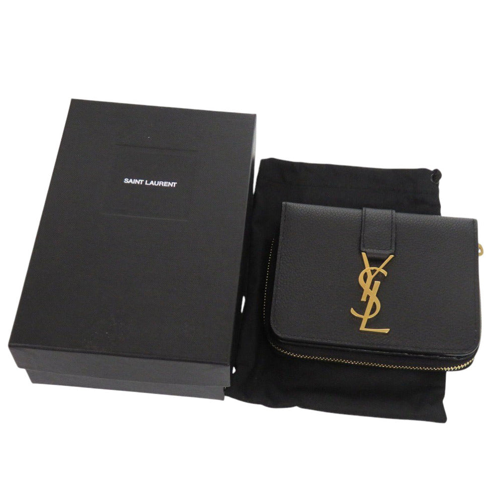 新品同様 イヴ サンローラン YSLライン ラージジップウォレット 670285 レザー ブラック 二つ折り財布 黒 0650【中古】YVES SAINT LAURENT