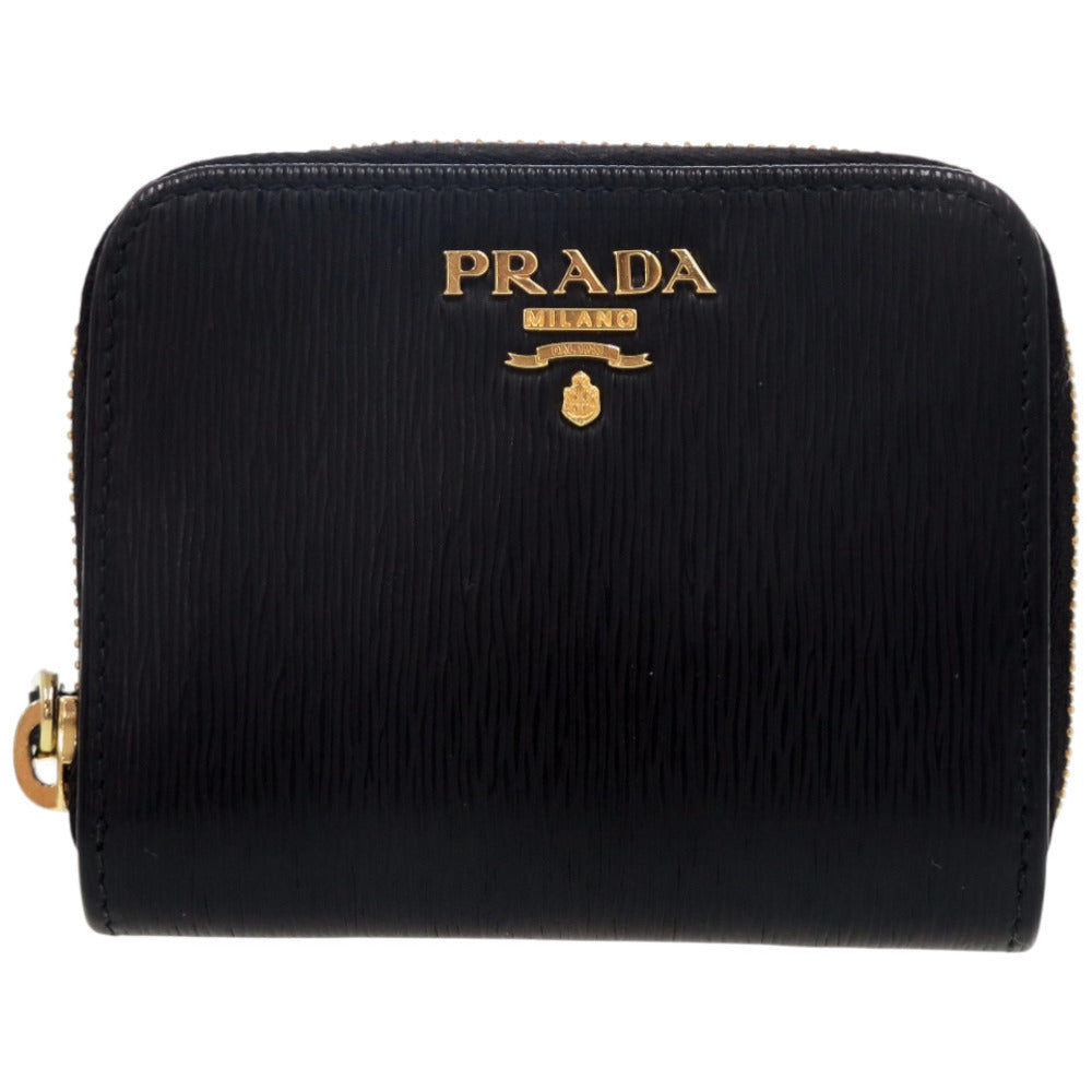 美品 プラダ ラウンドファスナー 1MM268 レザー ゴールド金具 ブラック 黒 コインケース 財布 0691【中古】PRADA