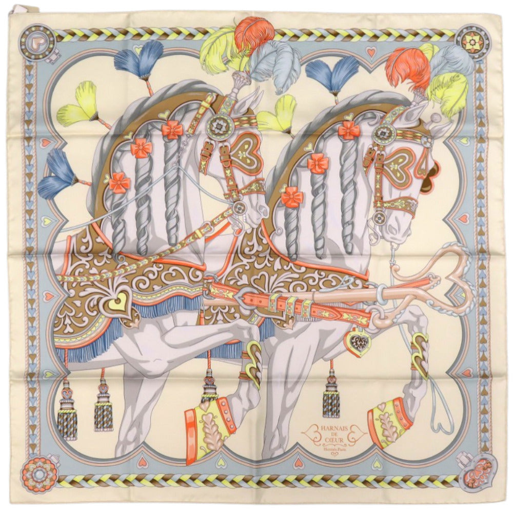 新品同様 エルメス カレ90 アルネ ドゥ クール シルク クレーム グリペルル アプリコット クリーム スカーフ 0758【中古】HERMES