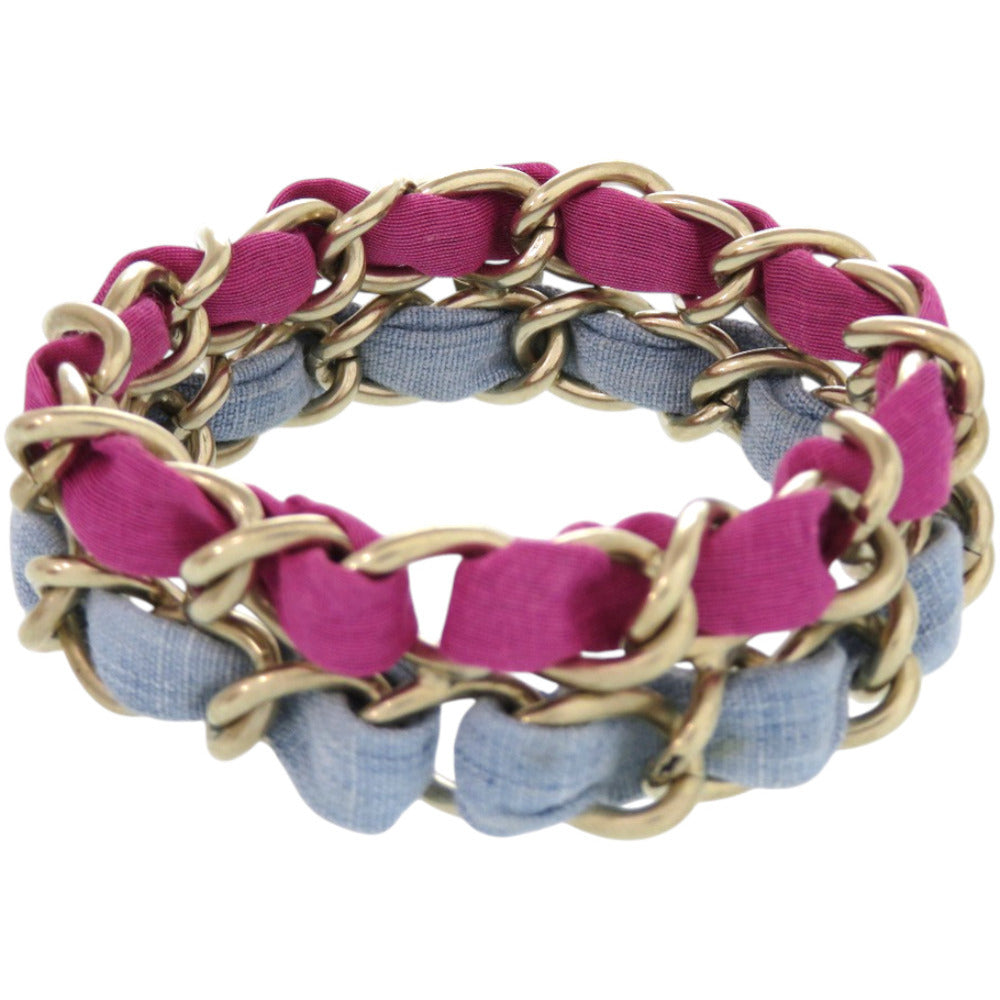 美品 シャネル 2連チェーン ココマーク メタル ファブリック パープル 水色 ブレスレット 0837【中古】CHANEL