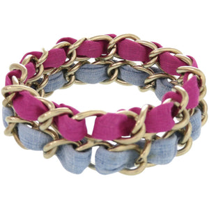 美品 シャネル 2連チェーン ココマーク メタル ファブリック パープル 水色 ブレスレット 0837【中古】CHANEL