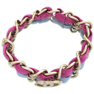 美品 シャネル 2連チェーン ココマーク メタル ファブリック パープル 水色 ブレスレット 0837【中古】CHANEL