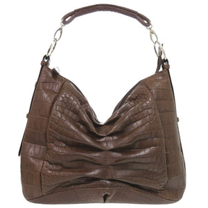 美品 マットクロコ ブラウン シルバー金具 ハンドバッグ ワンショルダー 茶 0875【中古】