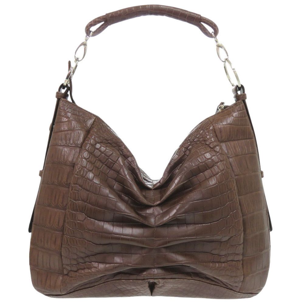 美品 マットクロコ ブラウン シルバー金具 ハンドバッグ ワンショルダー 茶 0875【中古】