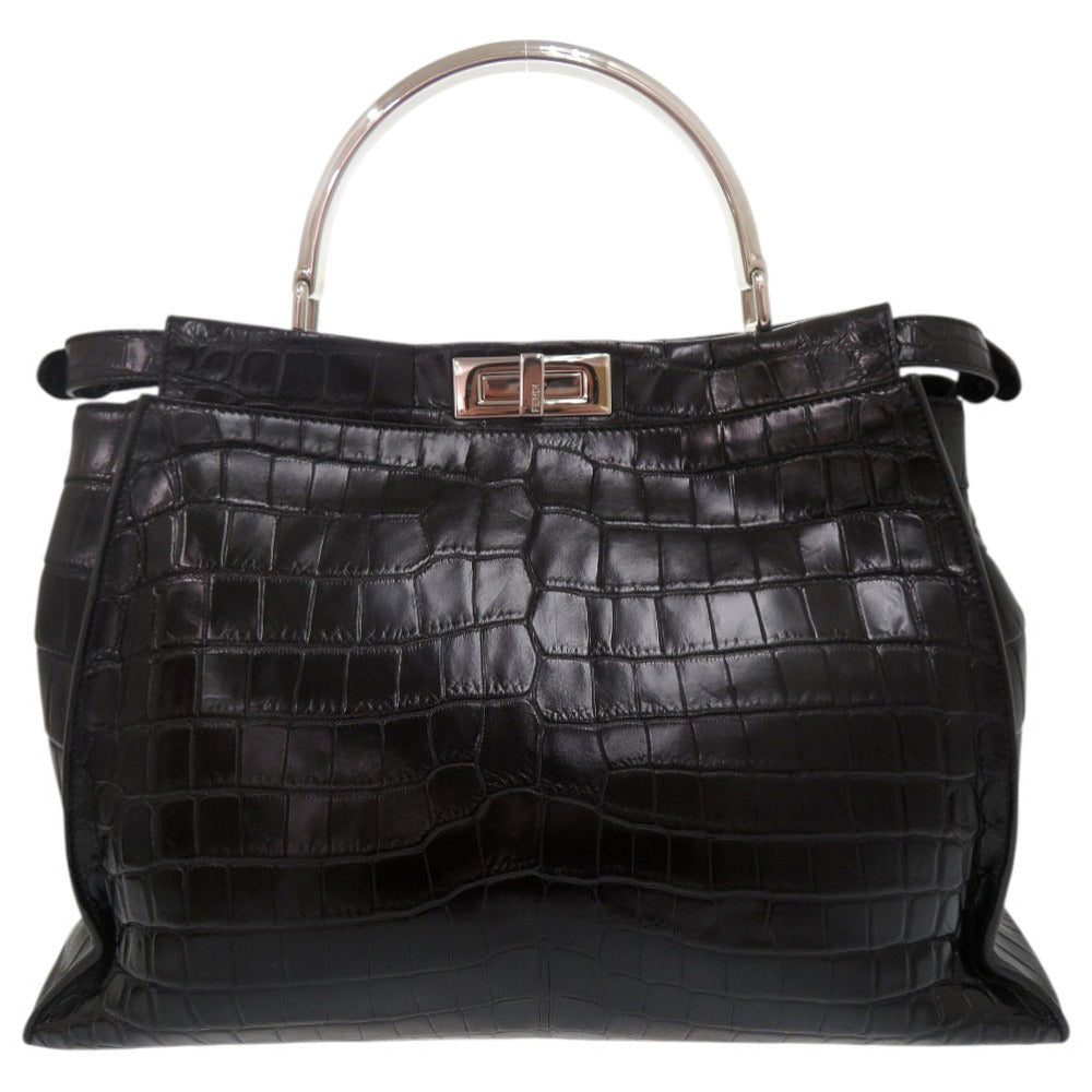 美品 フェンディ ピーカブー ラージ 8BN210 マットクロコ ブラック ハンドバッグ 黒 1344【中古】FENDI