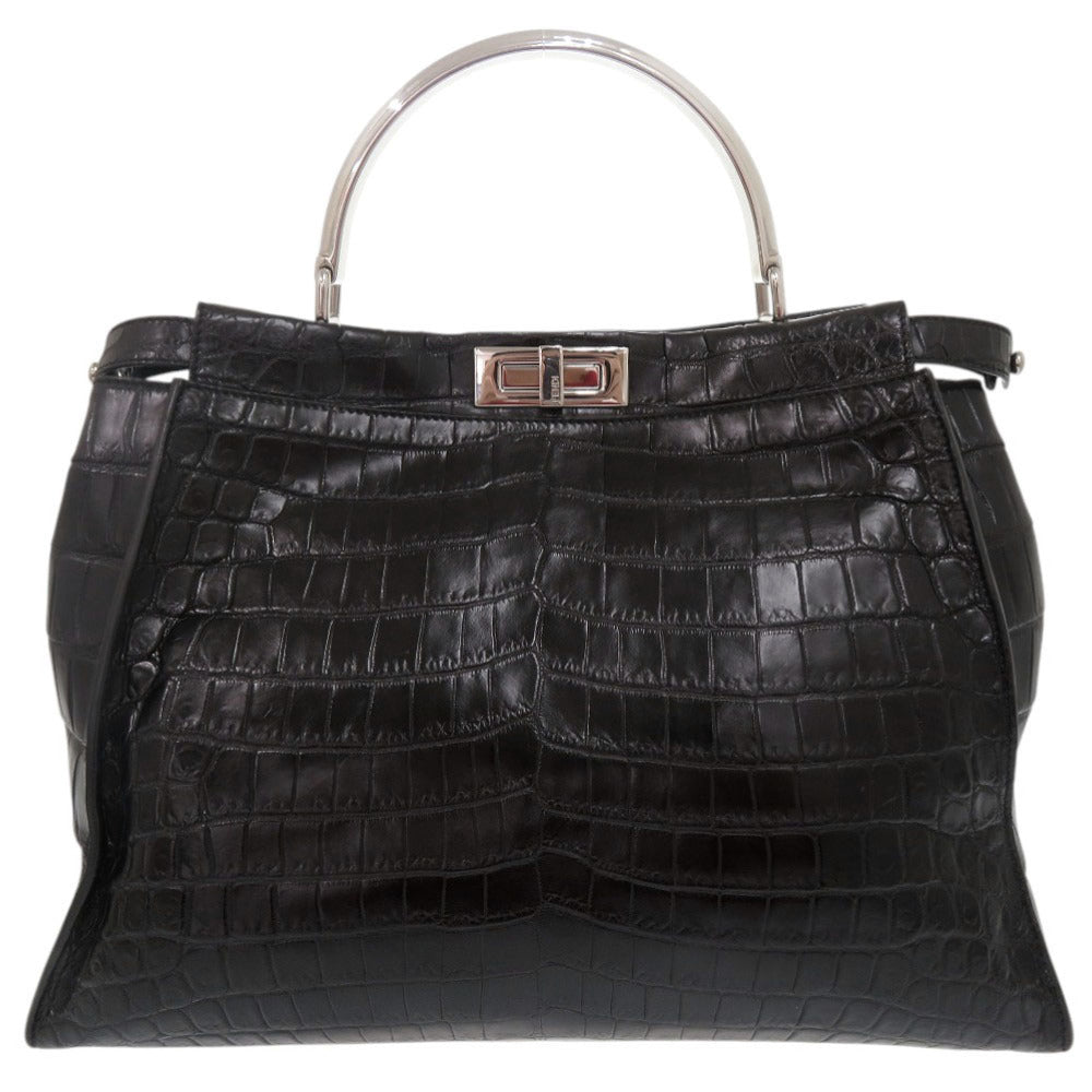 美品 フェンディ ピーカブー ラージ 8BN210 マットクロコ ブラック ハンドバッグ 黒 1344【中古】FENDI
