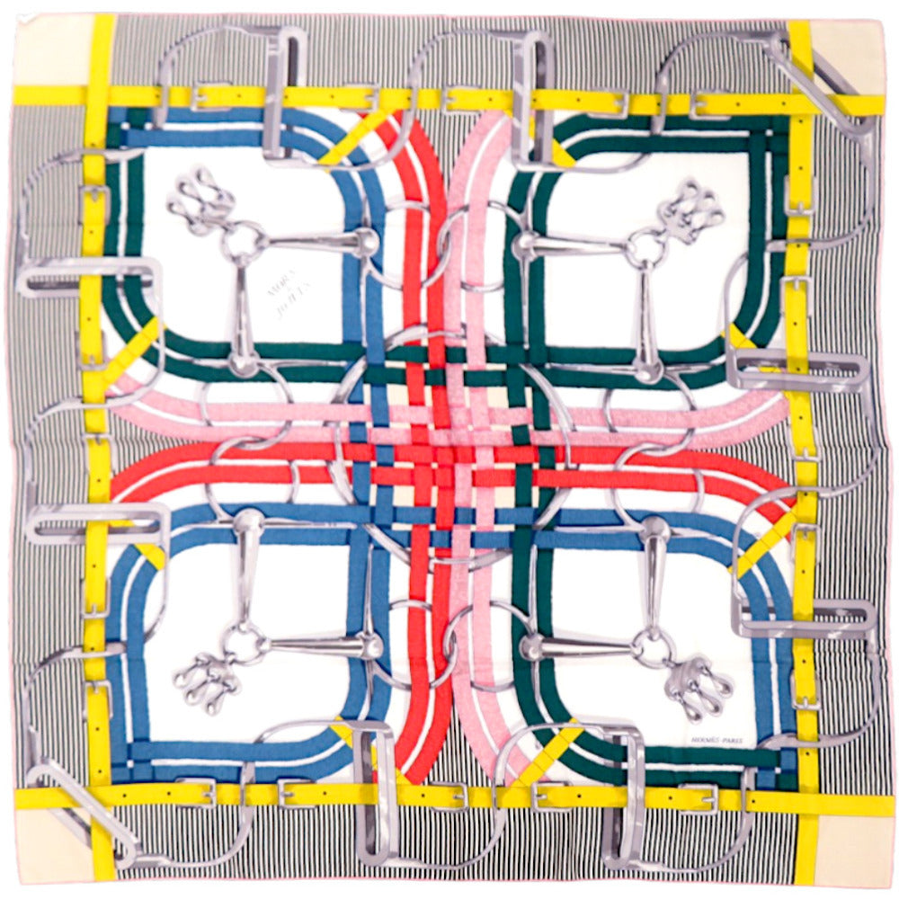 新品同様 エルメス カレジェアン カレ140 MORS A JOUETS 馬銜 カシミヤ シルク ブラック スカーフ 1380【中古】HERMES