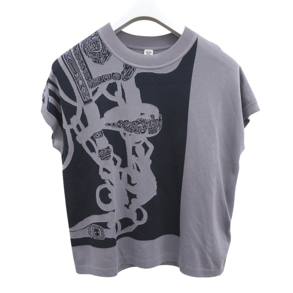 未使用 エルメス ショートスリーブニット ジャガードニット ブリッド ドゥ ガラ H5E2685DA ニット レーヨン シルク コットン ネイビー 1395【中古】HERMES