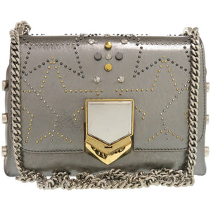 美品 ジミーチュウ チェーンショルダーバッグ ロケット プティ LOCKETT PETITE スター スタッズ メタル スパッツォラートレザー シルバー ショルダーバッグ 1446【中古】JIMMY CHOO