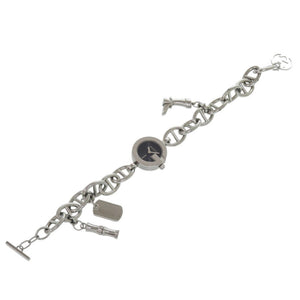 美品 グッチ チェーンブレス チャーム 107 SS ブラック シルバー 黒文字盤 クオーツ 腕時計 1509【中古】GUCCI