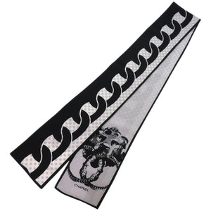 新品同様 シャネル スカーフ ショール ドット チェーン ライオン シルク ブラック 黒 ストール 1567【中古】CHANEL