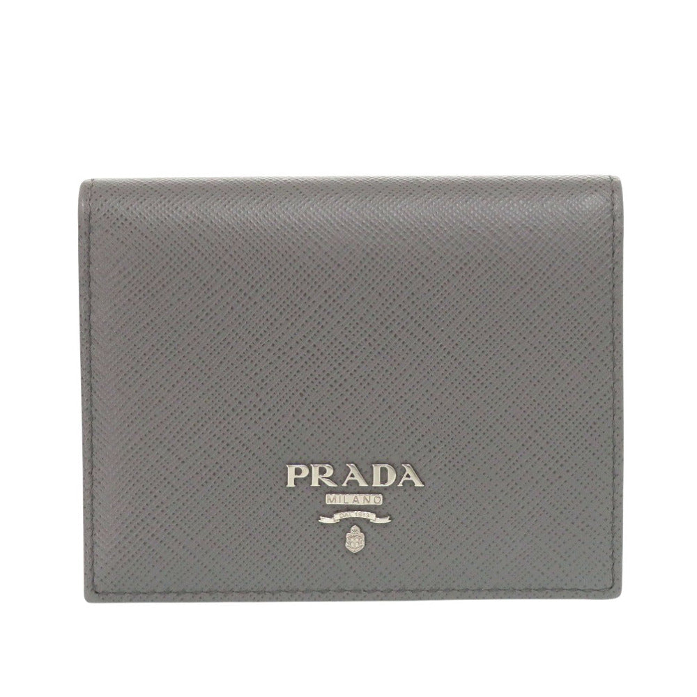 美品 プラダ サフィアーノレザー グレー ピンク 二つ折り財布 0064【中古】PRADA