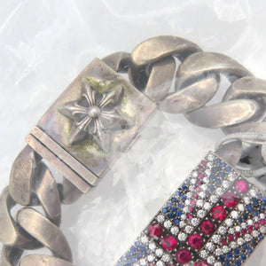 鑑定済 クロムハーツ ユニオンジャックスター IDブレスレット クラシックリンク シルバー925/ダイヤモンド/ルビー/サファイア 0095【中古】CHROME HEARTS メンズ