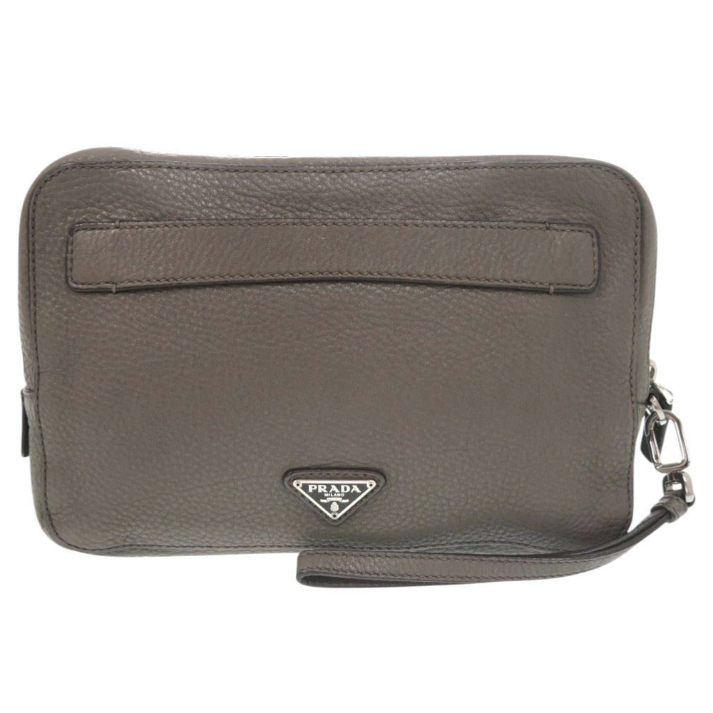 プラダ トライアングルロゴ レザー グレー系 セカンドバッグ クラッチバッグ 0188【中古】PRADA