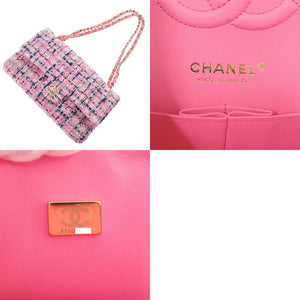 新品同様 シャネル マトラッセ25 ダブルフラップ ツイード ピンク ゴールド金具 ショルダーバッグ 0345【中古】CHANEL