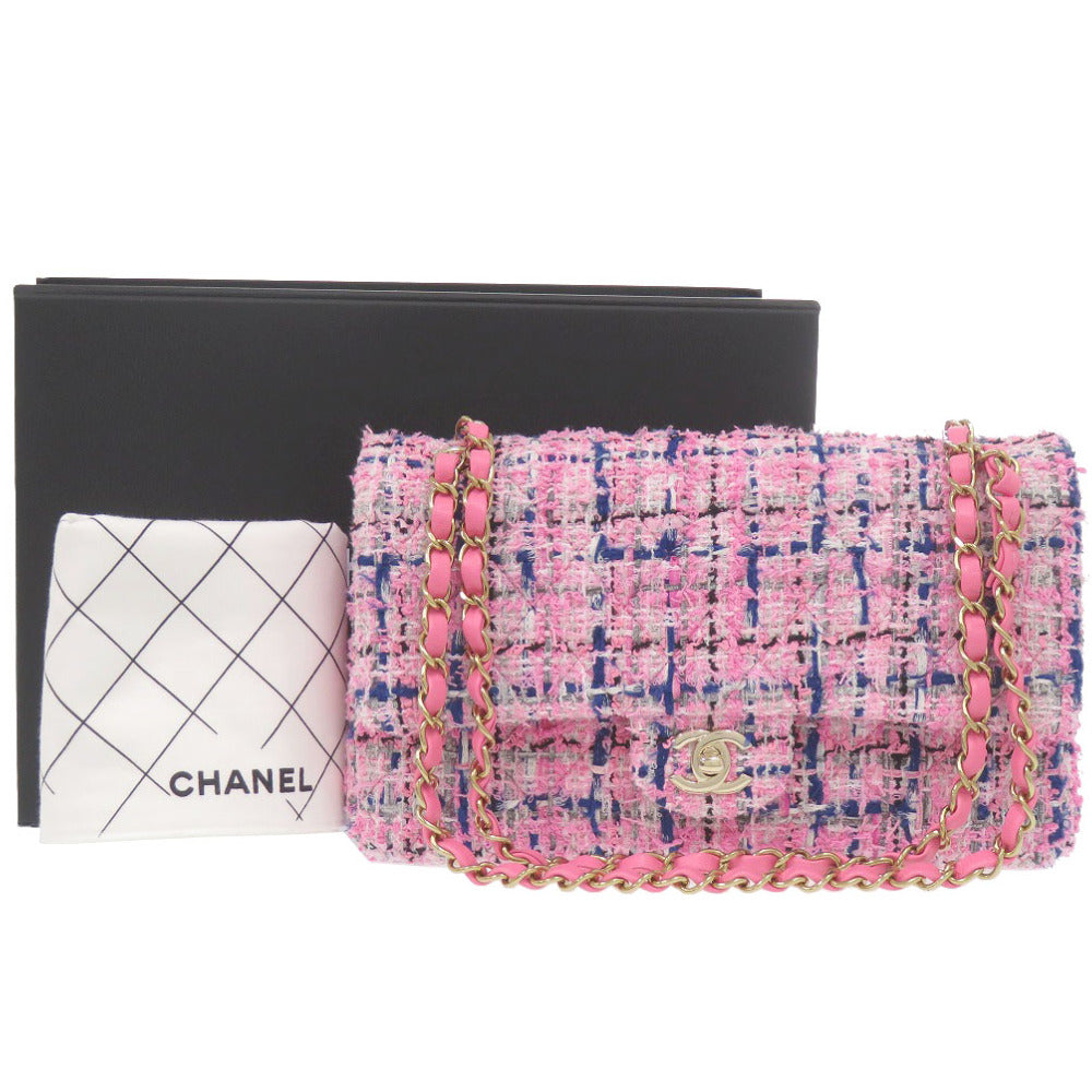 新品同様 シャネル マトラッセ25 ダブルフラップ ツイード ピンク ゴールド金具 ショルダーバッグ 0345【中古】CHANEL