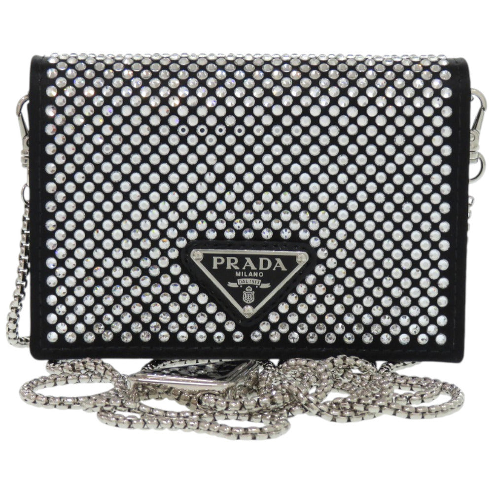 新品同様 プラダ チェーンショルダー クリスタル レザー ブラック シルバー金具 黒 カードケース 0389【中古】PRADA