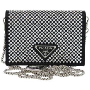 新品同様 プラダ チェーンショルダー クリスタル レザー ブラック シルバー金具 黒 カードケース 0389【中古】PRADA