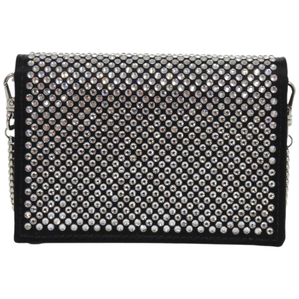 新品同様 プラダ チェーンショルダー クリスタル レザー ブラック シルバー金具 黒 カードケース 0389【中古】PRADA