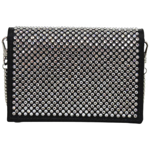 新品同様 プラダ チェーンショルダー クリスタル レザー ブラック シルバー金具 黒 カードケース 0389【中古】PRADA