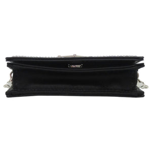 新品同様 プラダ チェーンショルダー クリスタル レザー ブラック シルバー金具 黒 カードケース 0389【中古】PRADA