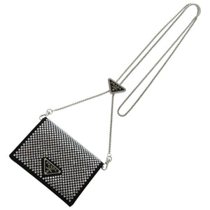 新品同様 プラダ チェーンショルダー クリスタル レザー ブラック シルバー金具 黒 カードケース 0389【中古】PRADA
