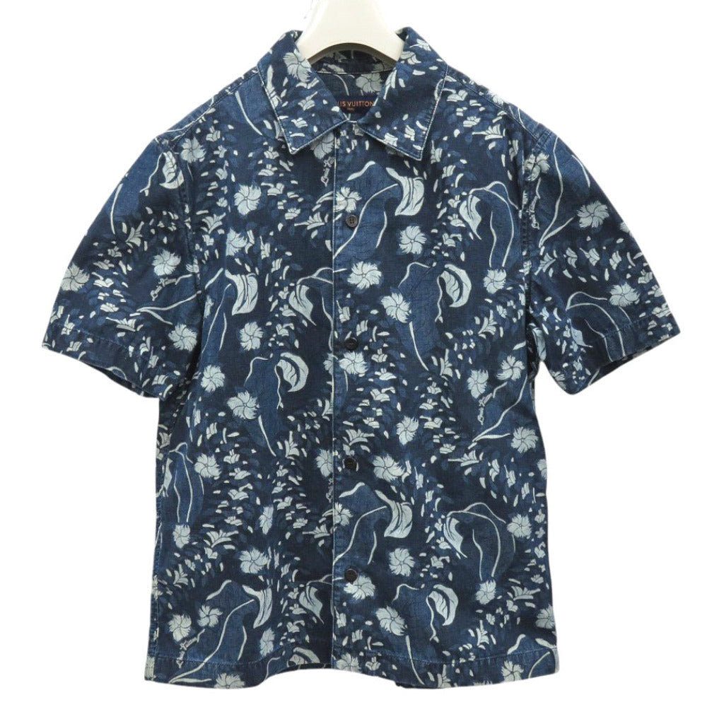 新品同様 ルイ ヴィトン アロハシャツ デニム Lサイズ 花柄 コットン ブルー 半袖シャツ 青 LV 0447【中古】LOUIS VUITTON
