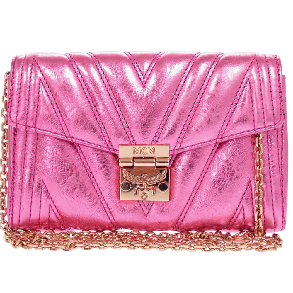 新品同様 エムシーエム カーフ メタリックピンク ゴールド金具 チェーン ショルダーバッグ 0568【中古】MCM
