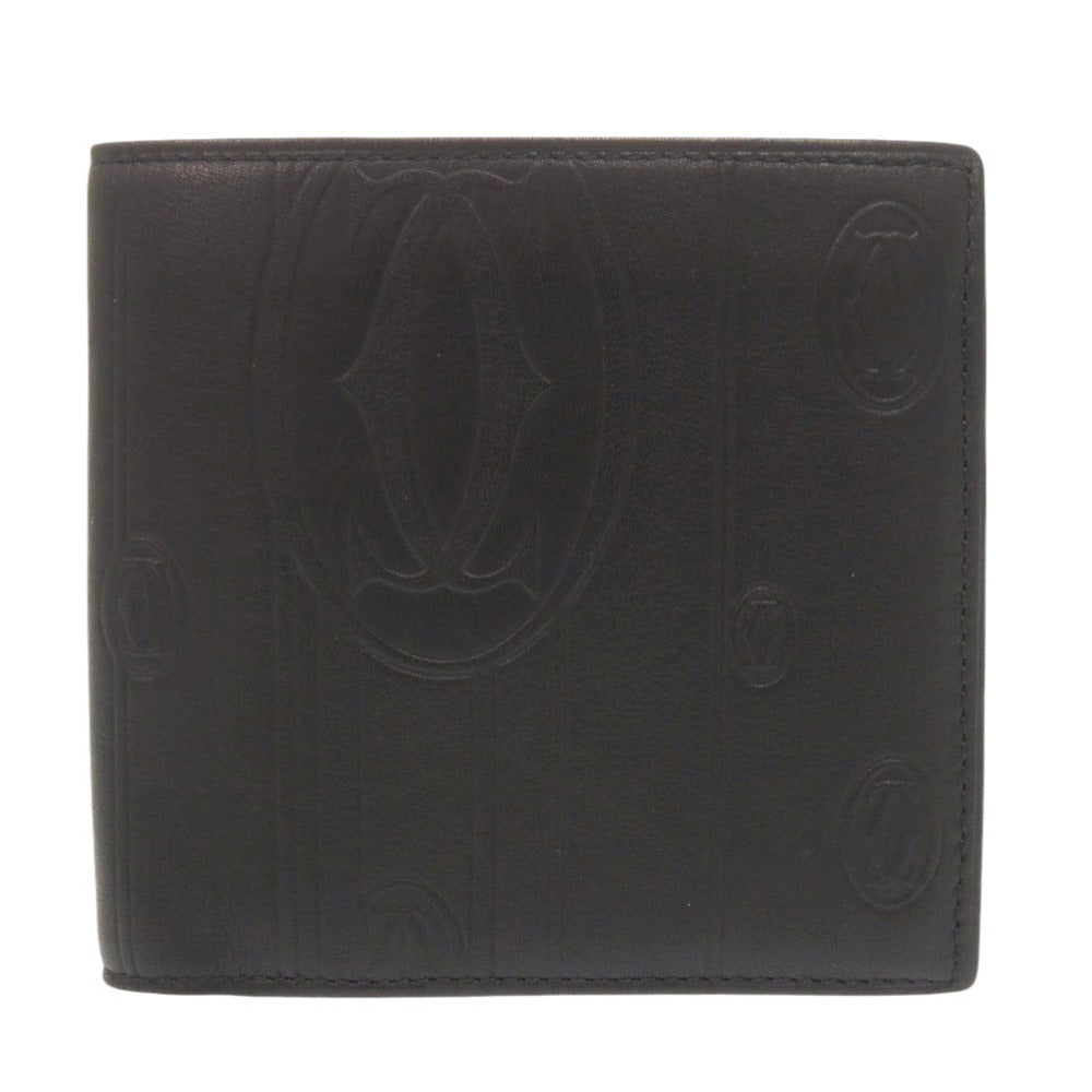 美品 カルティエ レザー ブラック 二つ折り財布 黒 0606【中古】CARTIER