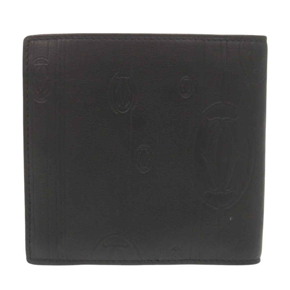 美品 カルティエ レザー ブラック 二つ折り財布 黒 0606【中古】CARTIER