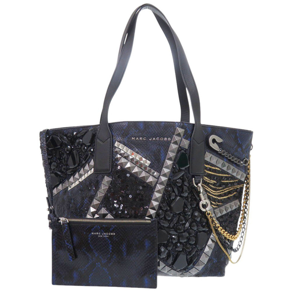 美品 マークジェイコブス ポーチ付 チェーン スタッズ 型押しレザー ブルー トートバッグ 青 0621【中古】MARC JACOBS