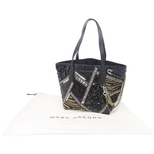 美品 マークジェイコブス ポーチ付 チェーン スタッズ 型押しレザー ブルー トートバッグ 青 0621【中古】MARC JACOBS