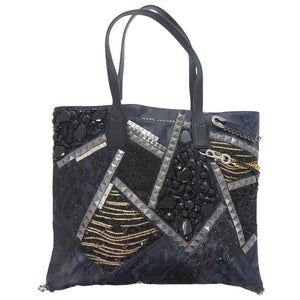 美品 マークジェイコブス ポーチ付 チェーン スタッズ 型押しレザー ブルー トートバッグ 青 0621【中古】MARC JACOBS