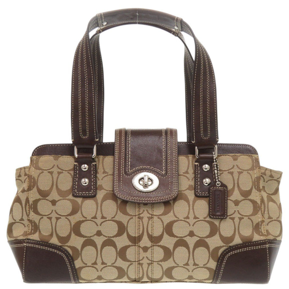 美品 コーチ シグネチャー キャンバス/レザー ブラウン ハンドバッグ 茶 0635-2【中古】COACH