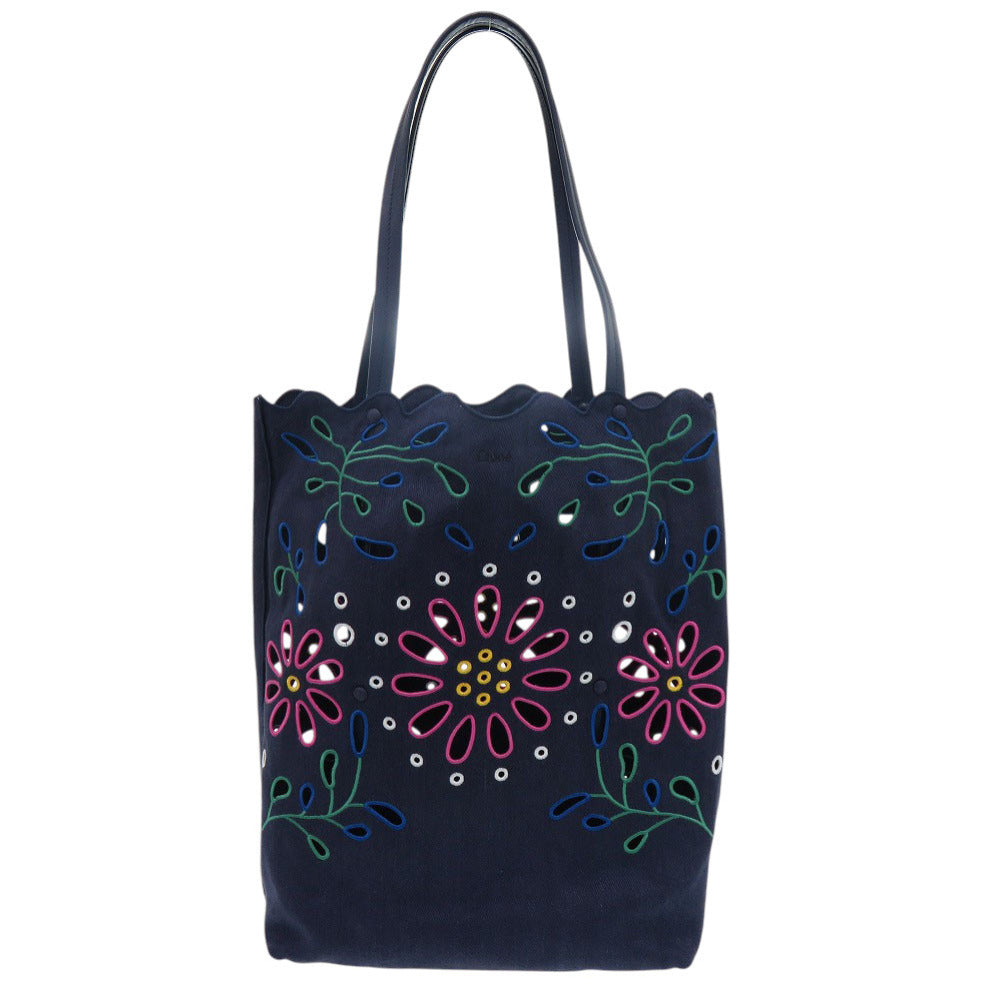 クロエ フラワーキャンバストートバッグ CHC22SS492G24 トートバッグ リネン カーフ ネイビー 0651【中古】Chloe