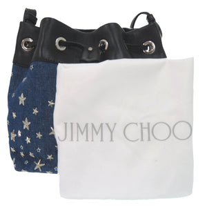 美品 ジミーチュウ スタースタッズJUNO S ドローストリングバッグ デニム レザー ブルー ブラック ショルダーバッグ 0944【中古】JIMMY CHOO