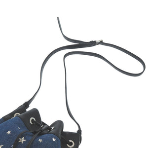 美品 ジミーチュウ スタースタッズJUNO S ドローストリングバッグ デニム レザー ブルー ブラック ショルダーバッグ 0944【中古】JIMMY CHOO